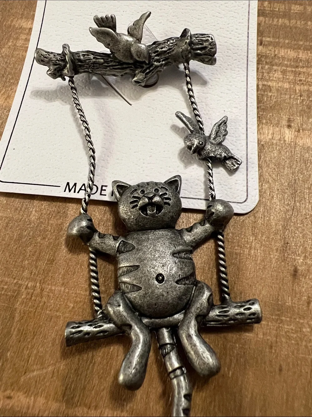 3/$18 Fashion Jewelry Antique Silver Cat on Swing Brooch with Bird Details 6058